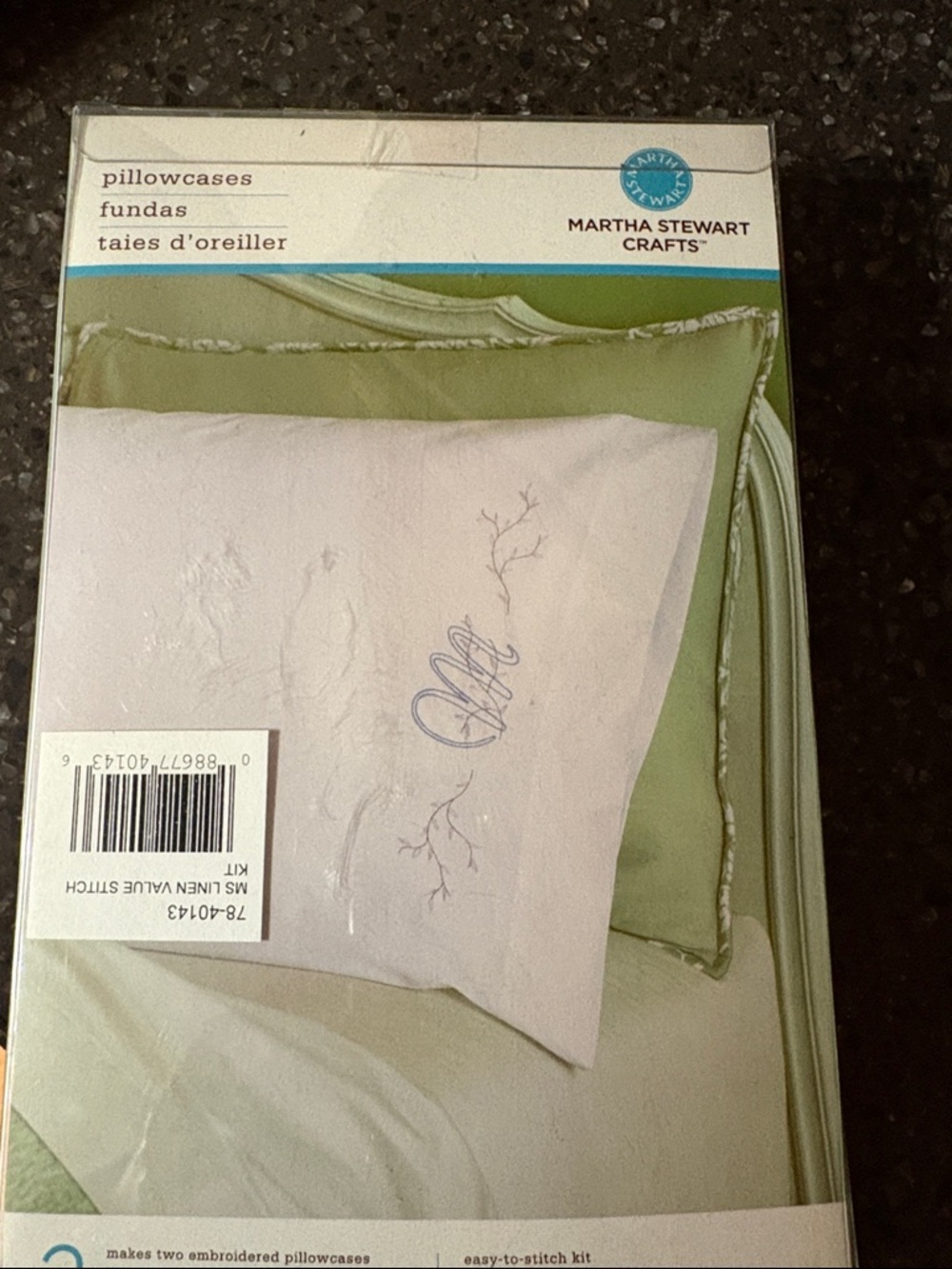 Martha Stewart Crafts White Embroidered Pillowcase Kit with Teal Accents